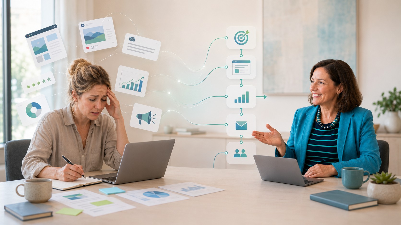An overwhelmed business owner surrounded by scattered marketing tasks while a Digital House expert brings them into a clear, organised plan